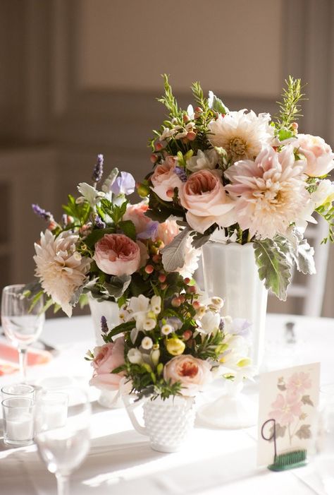 Milk Glass Centerpiece, Milk Glass Wedding, Diy Rose, Connecticut Wedding, Centerpiece Ideas, Peach Roses, Deco Floral, Wedding Centerpiece, Floral Centerpieces