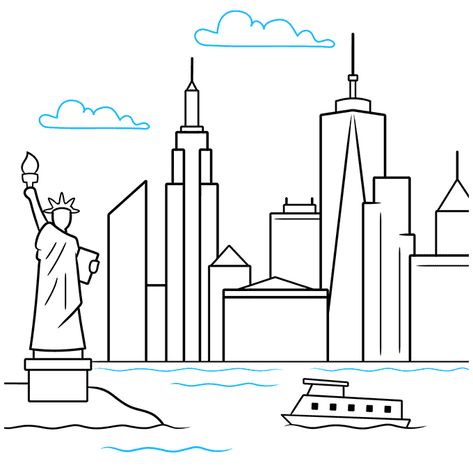 How to Draw the New York Skyline Step 09 New York Easy Drawing, New York Simple Drawing, How To Draw New York, City Outline Drawing, City Scape Drawing Easy, New York City Painting Easy, New York Painting Easy, New York Buildings Drawing, New York Dibujo