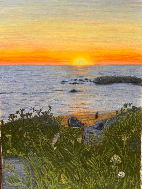 Sunrise Over Ocean Painting, Sunset With Colored Pencils, How To Color A Sunset With Color Pencils, Oil Pastel Beach Sunset, Beach Sunset Drawing Colored Pencil, Sunset At The Beach Drawing, Sunset Color Pencil Drawing, Oil Pastel Ocean Drawings, Sunrise Oil Pastel