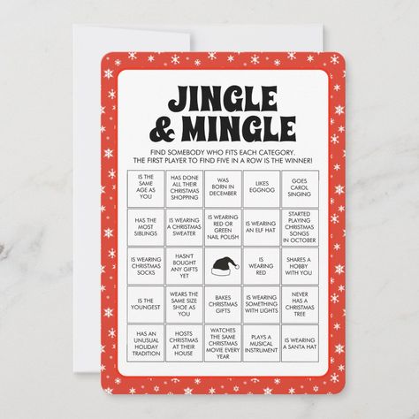 Christmas Jingle & Mingle Bingo Game Holiday Card | Zazzle Mingle Bingo, Sweater Song, Christmas Jingles, Elf Hat, An Elf, Bingo Games, Sock Gifts, I Love A, Holiday Card