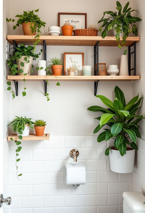 Transform your small bathroom into an organized oasis with wall-mounted shelves filled with plants and decorative items. Learn how to make the most of your space! #SmallBathroomIdeas #HomeOrganization Plant Filled Bathroom, Bathroom Nature Theme, Small Bathroom Plants, Plant Bathroom Aesthetic, Plants In Bathroom, Small Full Bathroom Ideas, Full Bathroom Ideas, Plant Bathroom, Bathroom Plants Decor