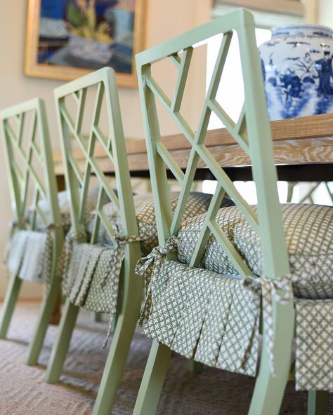 Dining Room With Colored Chairs, Fabric Covered Dining Chairs, Southern Coastal Dining Room, Sweet Caroline Designs, Green Chairs Kitchen, Dining Room Fabric Chairs, Diy Dining Chair Cushions, Green Blue Dining Room, Blue And Green Dining Room