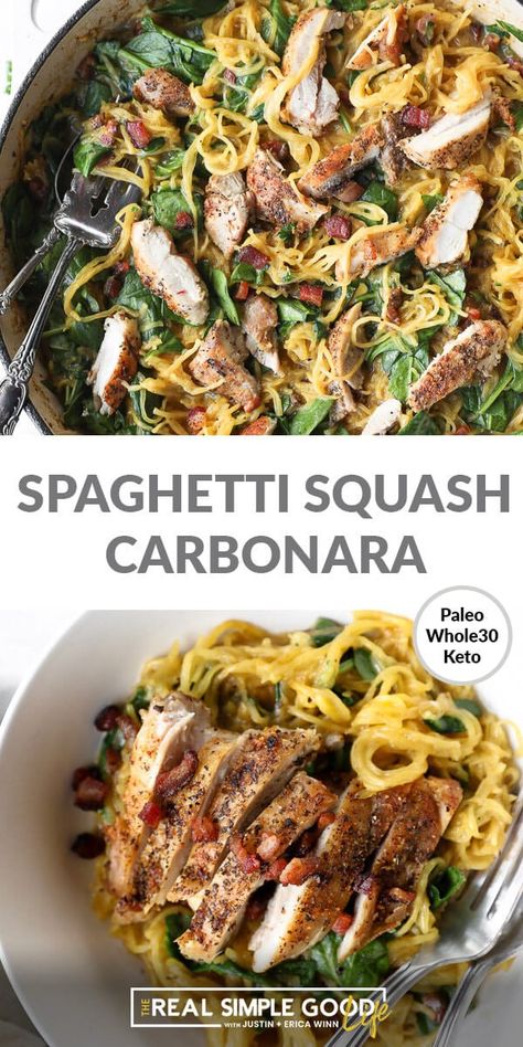 Spaghetti Squash Paleo, Low Carb Spaghetti Squash, Spaghetti Squash Carbonara, Squash Carbonara, Creamy Carbonara, Low Carb Spaghetti, Egg Diet Plan, Low Carb Low Fat Recipes, Bacon Chicken