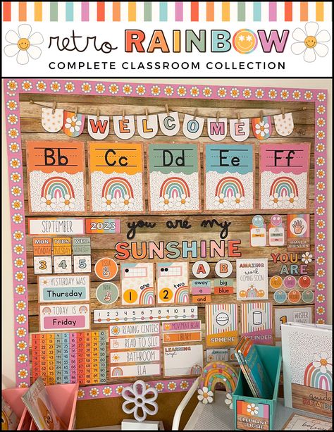 This complete classroom decor bundle has everything you need to create the classroom of your dreams! Created by a teacher, these products not only have aesthetics in mind but more importantly, education and functionality. These simple modern designs in a light-toned color scheme will give your space and your students the perfect environment for learning and happiness. Retro Rainbow Classroom, Class Birthday Display, Rainbow Bulletin Boards, Classroom Supplies Labels, Rainbow Classroom Decor, Classroom Door Signs, Rainbow Words, Class Birthdays, Rainbow Classroom