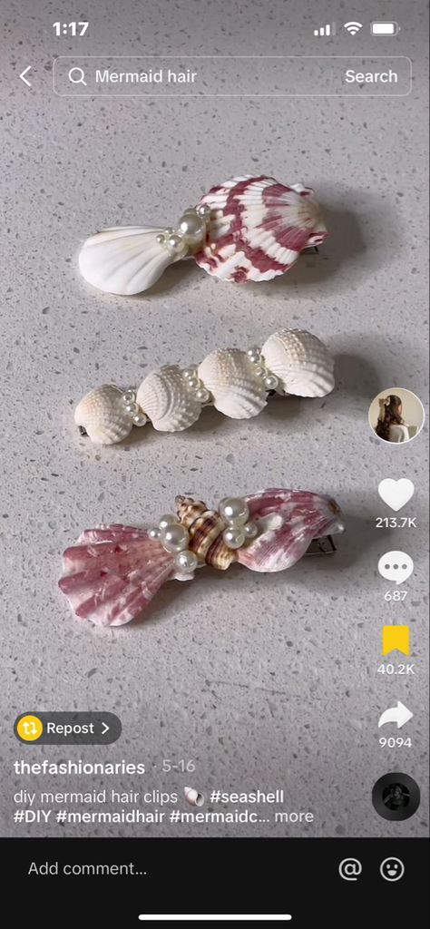 Seashell Hair Clips Diy, Diy Seashell Hair Accessories, Sea Shell Hair Clip, Shell Hair Clips Diy, Seashell Claw Clip, Diy Mermaid Hair Accessories, Seashell Hairclip, Goddess Embodiment, Seashell Hair Clips