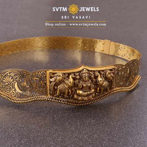 An extraordinary cutwork nagaas waist belt with a divine depiction of goddess Gaja Lakshmi. Simple Vadanam Designs, Ottiyanam Designs Gold, Vadanam Designs Gold, Vaddanam Designs, 22 Carat Gold Jewellery, Multani Mitti, Gold Temple Jewellery, Waist Jewelry, Antique Gold Jewelry Indian