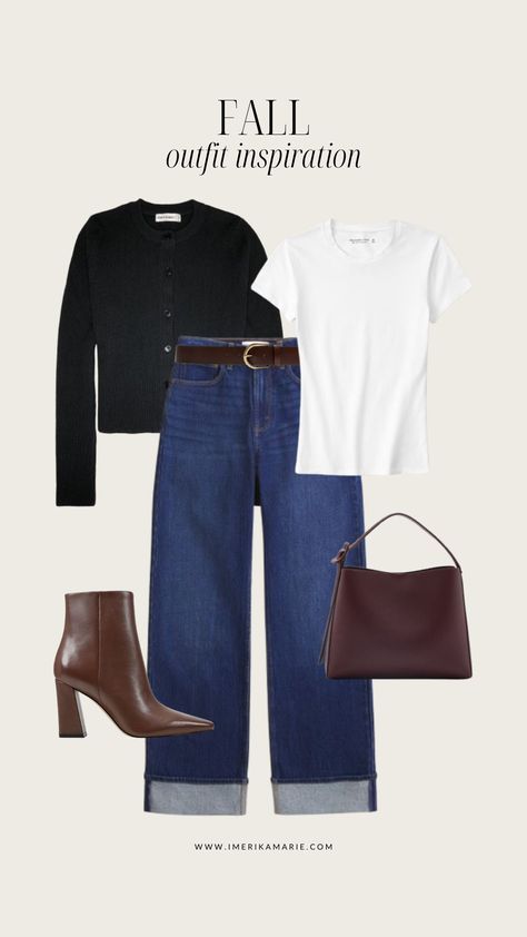 6 Fall Outfit Ideas | Erika Marie Dark Brown Boots Outfit, Blue Jeans Outfit Winter, Brown Booties Outfit, French Fall Outfits, Preppy Casual Outfits, Dark Washed Jeans Outfit, Black Booties Outfit, Dark Blue Jeans Outfit, Dark Jeans Outfit