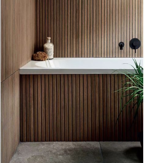 Toilet Wood Wall, Wood Wall Tiles Bathroom, Japandi Bathroom Tiles, Wood Slat Tile, Wood Effect Tiles Bathroom, 1970 Bathroom, Teak Wood Bathroom, Fluted Tile, Teak Tile