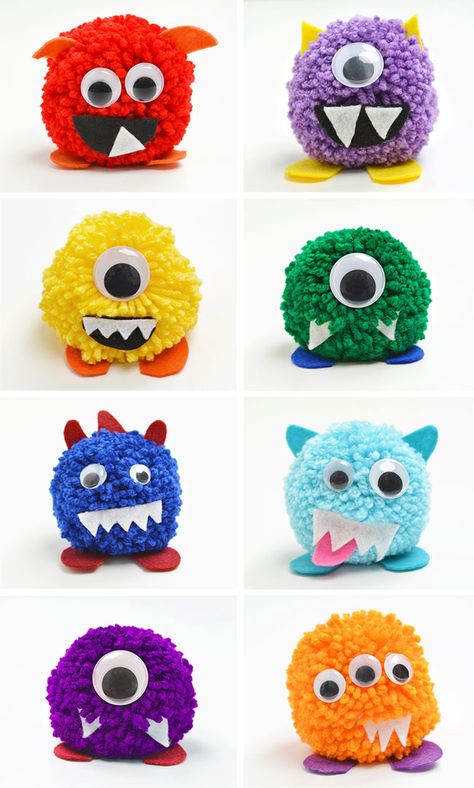 Pom Pom Monsters, Paper Mosaics, Yarn Monsters, Pet Monster, Pom Pom Animals, Easy Yarn Crafts, Jute Craft, Monster Craft, Felt Yarn