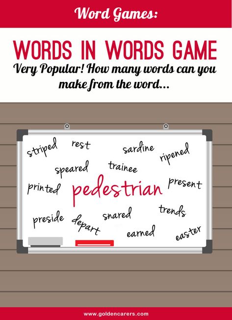 Words in Words Game Word Games For Adults, Printable Word Games, Assisted Living Activities, Senior Citizen Activities, Memory Care Activities, Senior Living Activities, Alzheimers Activities, Therapeutic Recreation, Nursing Home Activities