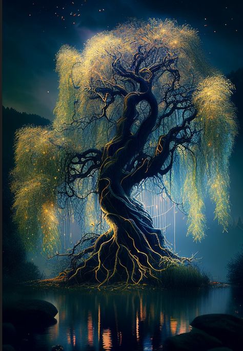 Magical Willow Tree Art, Magic Willow Tree, Magic Tree Fantasy Art, Large Willow Tree, Magic Realm Fantasy Art, Magical Willow Tree, Magic Tree Aesthetic, Large Fantasy Tree, Fantasy Willow Tree