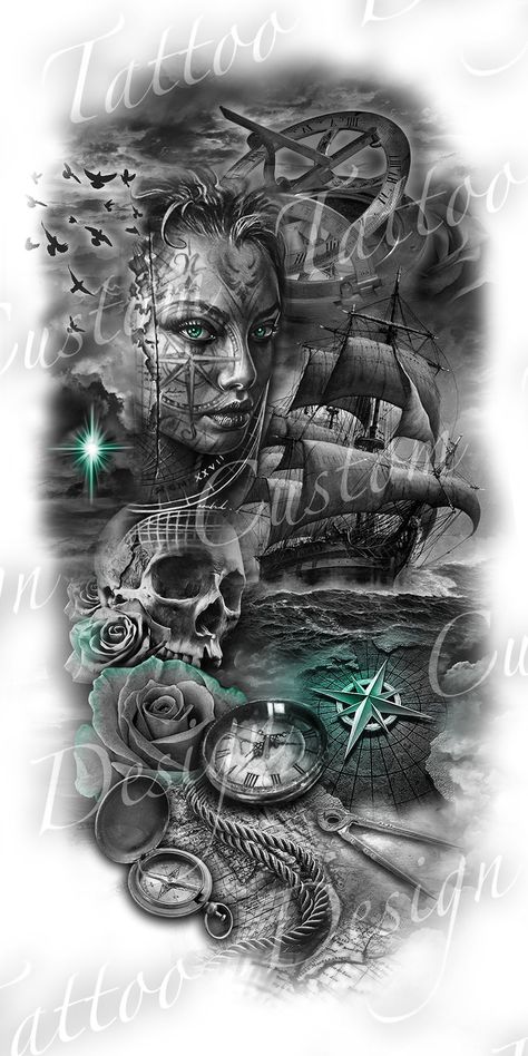 Ship Tattoo Sleeves, Pirate Ship Tattoos, Nautical Tattoo Sleeve, Tato Maori, Pirate Tattoo, Nautical Tattoo, Cat Tattoos, Ship Tattoo, Tiny Tattoo