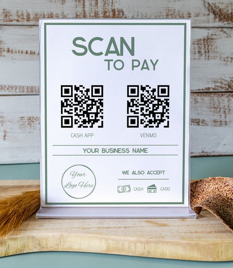 These minimal green scan to pay sign poster are customizable and your business info is easy tot add **also as instant download**. With 2 QR codes you can choose venmo, paypal, cashapp or any other payment app to link to your sign for customers to easily pay for there purchase. Scan To Pay Sign, Scan To Pay, Qr Codes, Business Names, Qr Code, Sign Poster, Instant Download, Coding, Graphic Design