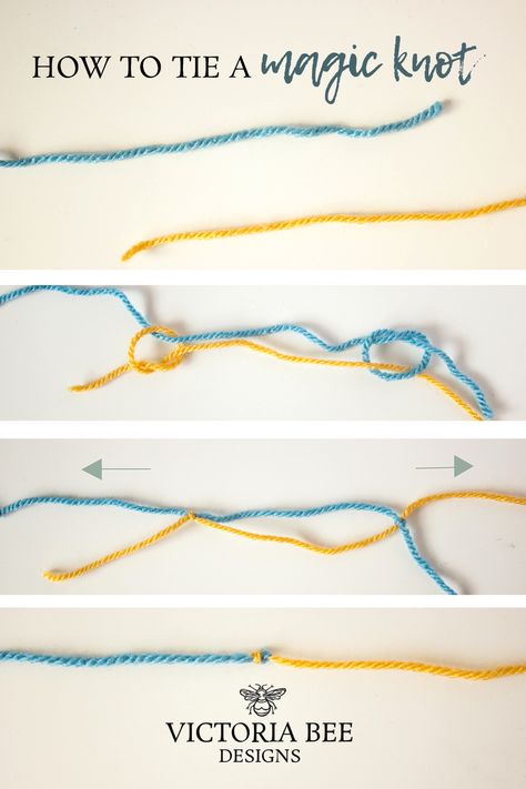 Four photos showing the steps of making a magic knot using one strand of blue yarn and one strand of yellow yarn. How To Tie Crochet Ends, How To Make A Magic Yarn Ball, Magic Knot Tutorial, How To Combine Yarn Ends, Combine Yarn Ends, Things To Crochet With One Ball Of Yarn, Adding New Skein Of Yarn Crochet, Tying Yarn Ends Together, How To Join Yarn In Crochet