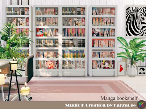 Manga bookshelf set Sims 4 Cc Clutter Anime, Sims 4 Cc Manga Books, Bookshelves Sims 4 Cc, Sims 4 Manga Cc, Sims 4 Otaku Cc, Sims 4 Book Cc, Sims 4 Cc Anime Decor, Sims 4 Art Studio, Sims 4 Cc Shelves