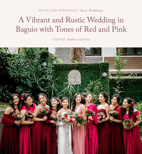 Red And Pink Mismatched Bridesmaids, Pink Red Bridesmaid Dresses, Red Floral Bridesmaid Dresses, Shades Of Red Bridesmaid Dresses, Pink And Red Bridesmaid Dresses, Red And Pink Bridesmaid Dresses, Dark Pink Bridesmaid Dresses, Bridesmaid Dresses Color Palette, Pink Bridesmaid Gowns