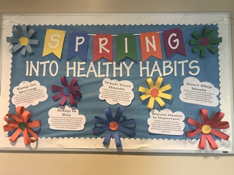 Spring School Counseling Bulletin Boards, School Counselor Bulletin Boards Spring, Health Related Bulletin Board Ideas, Medical Assistant Bulletin Board Ideas, Spring Counseling Bulletin Board, Ra Bulletin Boards Health And Wellness, Spring School Nurse Bulletin Board Ideas, Ra Educational Bulletin Boards, Spring Health Bulletin Boards