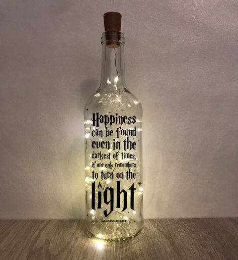 Harry Potter Bottle, Wine Bottle Fairy Lights, Whiskey Bottle Crafts, Beautiful Quotations, Harry Potter Themed Gifts, Bottle Fairy Lights, Bottle With Lights, Alcohol Bottle Crafts, Wire Fairy Lights