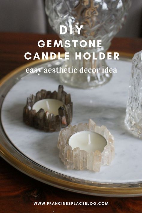 Diy Cristals, Gemstone Aesthetic, Diy Tea Light Candle Holders, Diy Crystal Crafts, Crystal Room Decor, Crystal Jewelry Diy, Gemstone Candles, Candle Holder Crafts, Aesthetic Candle