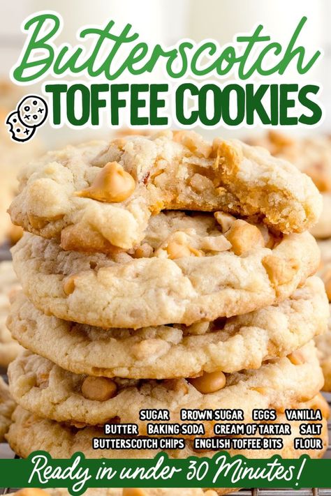 These divine butterscotch toffee cookies are so sweet and chewy, they’ll make you want to go back for seconds. They are packed with butterscotch chips and toffee pieces that give these cookies a sweet flavor that will keep your taste buds begging for more. Butterscotch Toffee Cookies, Butterscotch Toffee, Toffee Cookie Recipe, Butterscotch Chip Cookies, English Toffee Recipe, Butterscotch Recipes, Toffee Chips, Butterscotch Cookies, Toffee Recipe