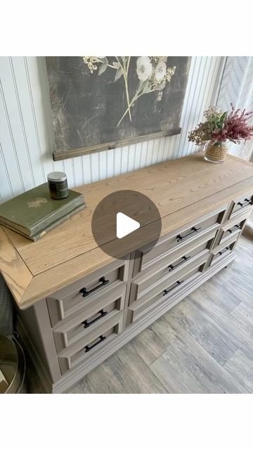 Greige Painted Furniture, Broyhill Dresser Makeover, Beige Dresser Makeover, Best Dresser Paint Colors, Tv Stand Color Ideas Paint, Colors To Paint Bedroom Furniture, Refinished Oak Dresser, Beige Painted Dresser, Wise Owl Painted Furniture