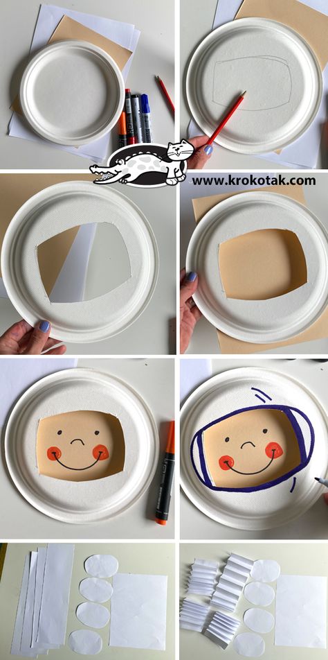 krokotak | ASTRONAUT – PAPER PLATE CRAFT Astronaut Self Portrait Craft, Astronaut Paper Plate Craft, Space Wreath Craft, Paper Plate Alien Craft, Paper Plate Space Crafts, Astronaut Crafts For Kids Preschool, Astronaut Helmet Craft Preschool, Paper Plate Astronaut Helmet, Astronaut Art Preschool