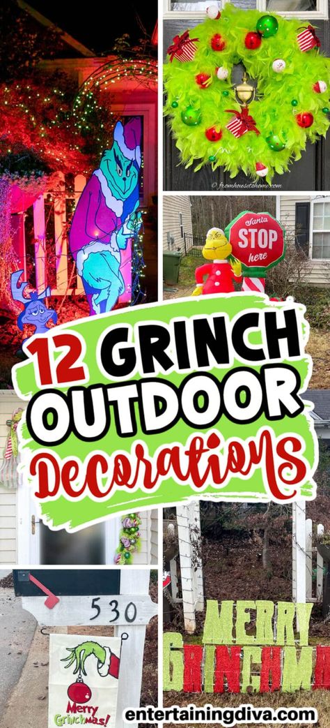 12 Awesome Grinch Outdoor Christmas Decor Ideas | Grinch Christmas Ideas Whoville Front Porch, Diy Christmas Decorations For Outside Grinch, Christmas Decor Ideas Outdoor Grinch, Grinch Christmas Tree Outdoor, Whoville Porch Decorations, Grinch Themed Yard Decorations, Diy Holiday Yard Decor, Outdoor Christmas Decorations Archway, Grinch Window Display Ideas