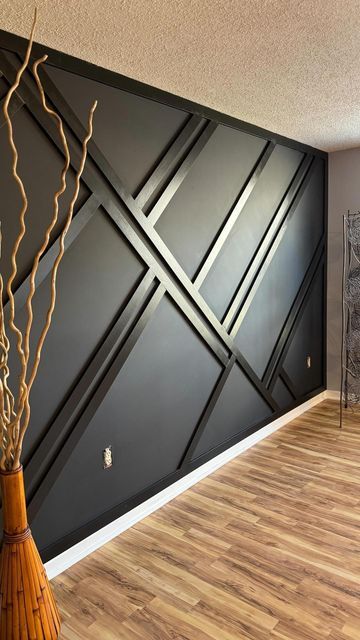 Accent Wall Millwork, Mountain Slat Wall, Dining Rooms With Accent Walls, Slat Accent Wall Ideas, Black Accent Wall In Kitchen, Dining Room Black Accent Wall, Accent Wall With A Window, Board Walls Ideas, Matte Black Accent Wall Bedroom