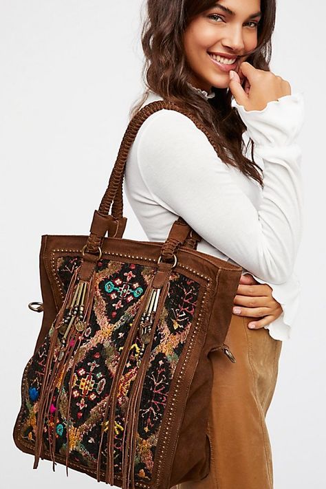 Paradise Valley Tote by Free People - Suede tote bag featuring beautiful boho-inspired colorful fabric detailing. Look Hippie Chic, Moda Hippie, Boho Embroidery, Suede Tote Bag, Free People Bags, Boho Tote, Arm Jewelry, Bohemian Bags, Suede Tote