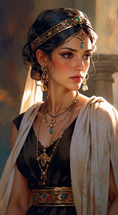 Spanish Fantasy Art, Romani Character Design, Royalty Character Design, Desert Photoshoot Ideas, Greek Royalty, Arabian Beauty Women, Rome Antique, Female Art Painting, Digital Portrait Art