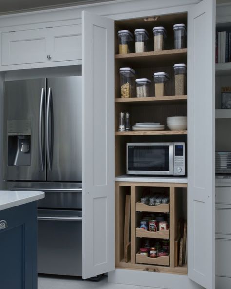 Small Kitchen Storage Unit, Larder Cupboard With Microwave, Tall Larder Cupboard, Microwave Cupboard Ideas, Microwave In Cupboard, Microwave Cupboard, Larder Ideas, Benchmarx Kitchen, Smart Kitchen Storage