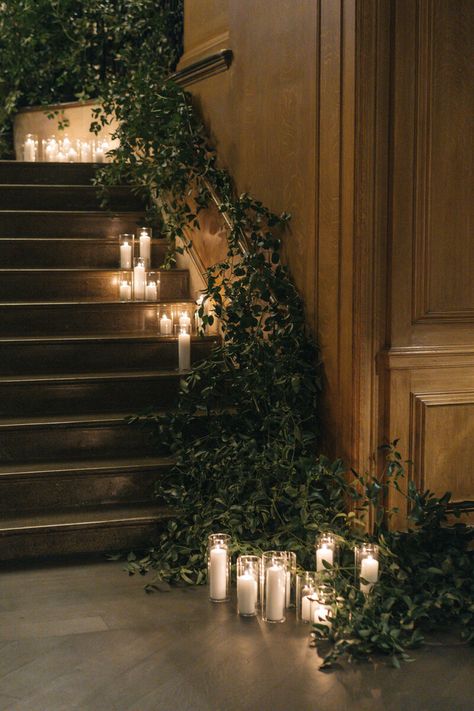 Forest Green Wedding Decor, Candle Backdrop, Hygge Wedding, Wedding Stairs, Green Wedding Decor, Ivy Wedding, Forest Green Wedding, Candlelit Wedding, Forest Theme Wedding