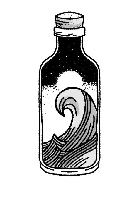 Spell Bottle Drawing, Ocean In A Bottle Tattoo, Witch Doodles, Ocean In A Bottle, Mermaid Spells, Ship In Bottle, Bottle Tattoo, Bottle Drawing, Water Tattoo