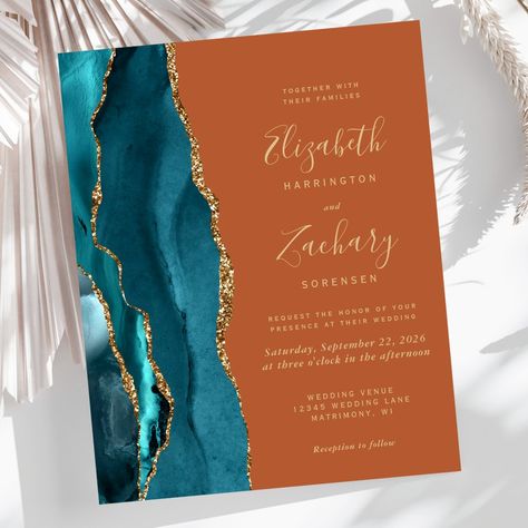 The left-hand edge of this elegant modern wedding invitation features a teal watercolor agate border trimmed with faux gold glitter. The customizable text combines gold-colored handwriting, copperplate and italic fonts on a burnt orange background. The reverse side features a matching teal and gold agate design. Orange And Teal Wedding, Dark Fall Wedding, Teal Wedding Flowers, Dark Teal Weddings, Teal Blue Weddings, Teal Wedding Colors, Rust Wedding, Rusting Wedding, Teal Watercolor