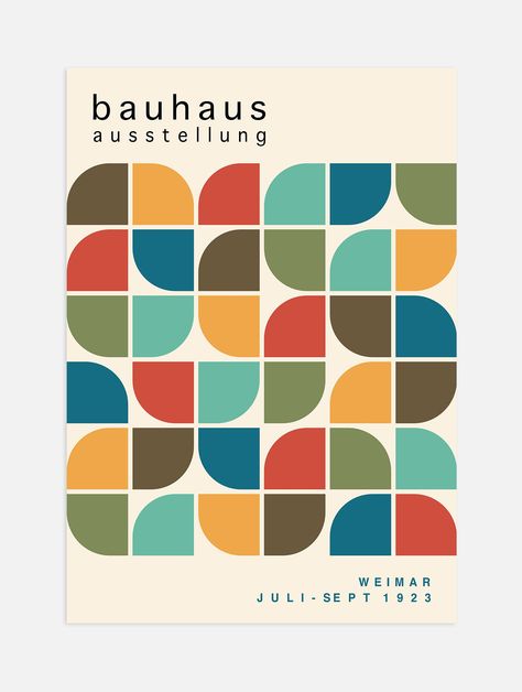 This Bauhaus Exhibition Print is the perfect way to bring a touch of mid century modern style to your home. Featuring a vibrant and colourful geometric pattern, this exhibition poster is sure to be a talking point for all guests. Visual Style Design, Museum Exhibit Design, Mid Century Modern Colour Palette, Pergola Colors, Raleigh Art, Mid Century Modern Graphic Design, Beer Artwork, Mid Century Prints, Bauhaus Colors