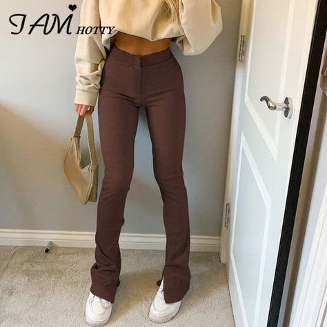 cd0dce8fca267bf1fb86cf43e18d5598desc48957181ri Indie Pants, Brown Flare Pants, E Girl Style, Split Sweater, Brown Flares, Split Pants, Sports Sweatpants, Sweatpants Style, Flared Leggings