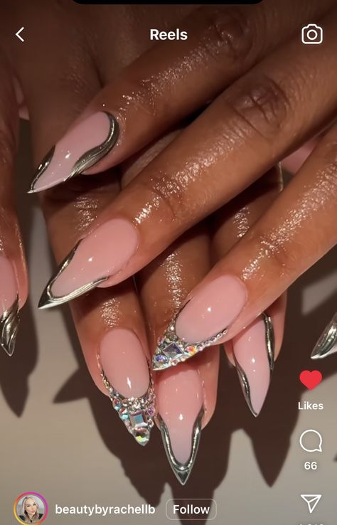 Nail Inspo Stilleto, Coffin Nails French Tip Design, Nail Ideas Stiletto Short, Drip Nails Design, Silver Diamond Nails, Mixed Nail Designs, Fancy French Tip Nails, Birthday Nails Almond Shape, Classy Stiletto Nails