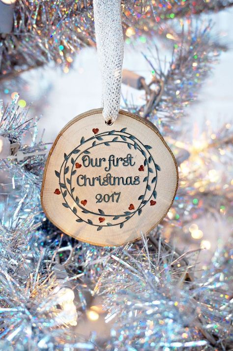 Gifts For Boyfriend Christmas, Newlywed Christmas Ornament, Christmas Ideas For Boyfriend, Boyfriend Christmas, Tree Slice, Our First Christmas Ornament, Mercury Glass Christmas Ornaments, Newlywed Christmas, Diy Xmas Gifts