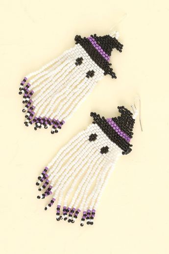 Add a touch of playfulness to your style with these ghost seed bead fringe earrings. These quirky earrings feature a ghost design and delicate fringe made of seed beads. Perfect for a fun and unique look. (Boo-tiful accessory! 👻) Nickel & Lead Compliant Height: 3.5" Width: 1.25" Ships with love from our warehouse in Smithfield,VA Ghost Seed Bead Earrings, Halloween Seed Bead Patterns, Beaded Earring Designs, Beaded Ghost Earrings, Halloween Beadwork, Halloween Earrings Beaded, Holiday Jewelry Ideas, Halloween Jewelry Diy, Bead Things