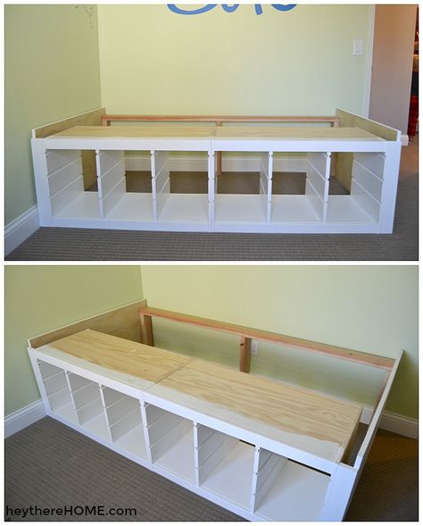 IKEA Hack - DIY Twin Storage Bed Diy Bed Frame With Storage, Ikea Hack Lit, Diy Seng, Diy Twin Bed, Storage For Toys, Twin Storage Bed, Diy Storage Bed, Murphy Bed Ikea, Diy Platform Bed