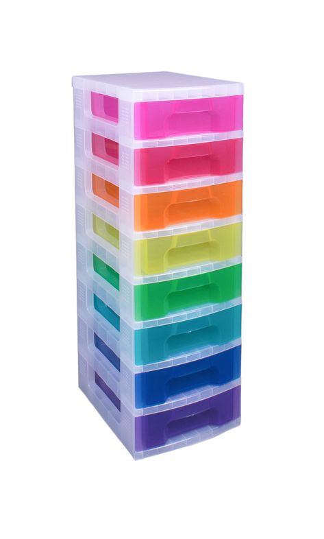 Really Useful Plastic Storage Box Storage Tower 8x7 Litre Clear Frame with Rainbow Drawers : Amazon.co.uk: Home & Kitchen Drawer Tower, Plastic Cabinet, Plastic Storage Drawers, Drawer Cart, Office Organisation, Plastic Drawer, Classroom Storage, Set Of Drawers, Plastic Drawers