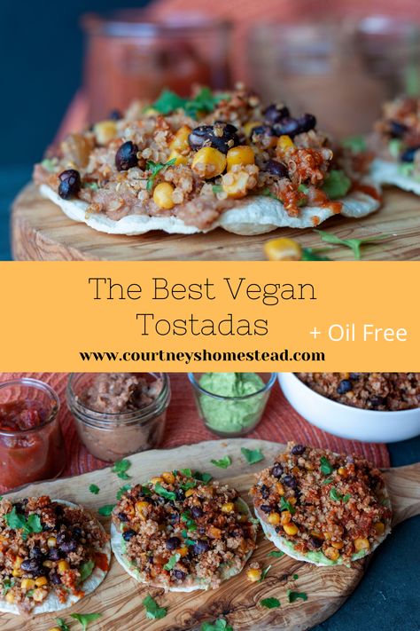 Vegan Tostadas, Vegetarian Tostadas, Tostada Recipe, Bean Tostadas, Starch Solution Recipes, Tostada Recipes, Oil Free Vegan Recipes, Vegan Mexican Recipes, Easy Mediterranean Diet Recipes