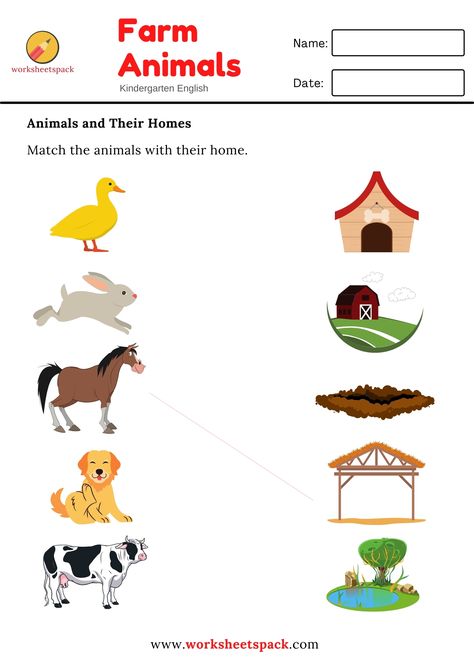 Farm animals matching worksheet. Where Animals Live Worksheet, Where Do Animals Live Worksheet, Farm Animals And Their Homes, Animals And Their Homes Worksheets, January Preschool Worksheets, Farm Worksheet, Rabbit Burrow, Animals And Their Homes, Animal Homes