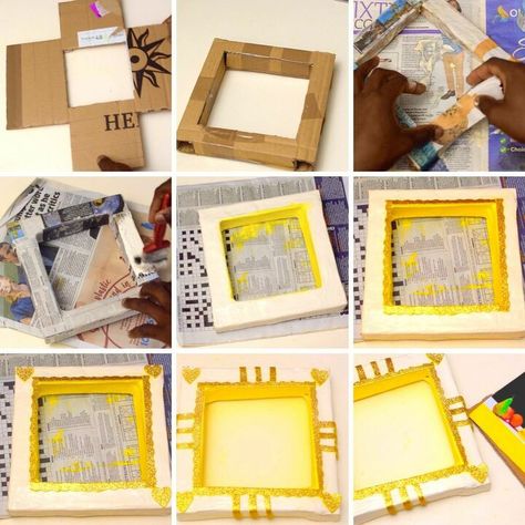 Build a photo photo frame from cardboard, covered in paper mache and then finished with paint and embellishments. Cut out the template of the picture frame on cardboard Fold along the lines and glue together with cellotape Apply layers of papermache and let dry Apply two layers of paint Embellish Glue the image of choice on the cardboard cut out to be used for the back of the frame and attach Paper Mache Mirror, Diy Photo Frame Cardboard, Diy Paper Mache, Photo Frame Diy, Ruler Crafts, Graduation Photo Frame, Framed Calendar, Mirror Paper, Mirror Frame Diy