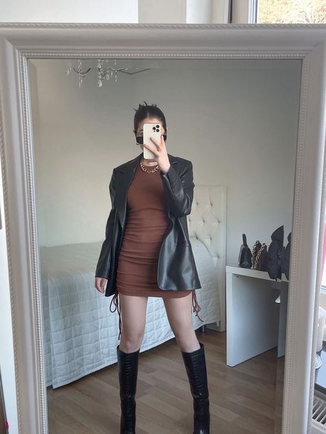 Brown Dress Leather Jacket, Leather Jacket On Dress, Dress With Leather Jacket And Boots, Dress Leather Jacket Boots, Brown Dress With Black Boots, Formal Dress With Leather Jacket, Brown Dress Outfit Aesthetic, Brown Dress Black Boots, Grey Mini Dress Outfit