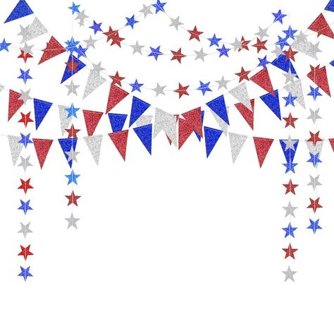 PRICES MAY VARY. 👍This Value Package Includes –2 strings of 13 feet glitter paper star garlands, total length is 26 feet, star size is 2.75 inch; 2 strings of 10 feet triangle bunting banners ( flag size is 3.3 inch *5.5 inch), 20 feet /52 flags 👍 4th of July Theme Décor – This gorgeous Star and triangle bunting banner kit is made by double sided glitter cardstock, Solid Multicolored Blue Red and Silver combo will surely brighten up your themed party, especially perfect for your Fourth of July Triangle Garland, White Party Decorations, Blue Banner, Pennant Banner, Star Garland, Patriotic Party, Red Blue White, 4th Of July Decorations, Pennant Banners