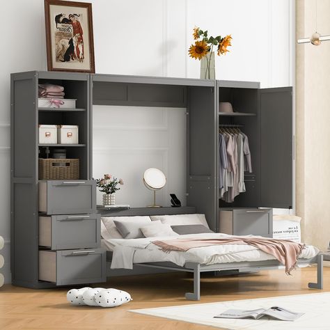 Bed With Closet, Queen Size Murphy Bed, Murphy Bed Wall, Cluttered Bedroom, Bed With Wardrobe, Murphy Wall Beds, Queen Murphy Bed, Modern Murphy Beds, Drawers And Shelves