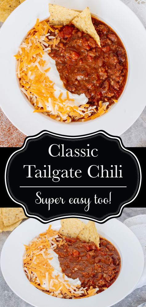 This classic homestyle tailgate chili has been a staple recipe for me for over a decade now. It's full of flavour, perfect on cold nights, freezes amazingly, and is one of the easiest recipes I've ever made! You have GOT to try this!  #chili #tailgate #tailgatefood #tailgatechili #dinner #beans #beef #pork #slowcooker #crockpot #recipe #delicious #food Spicy Touchdown Chili, Crockpot Tailgating Recipes, Best Tasting Chili Recipe, Boilmaker Tailgate Chili, Chili Boards, Touchdown Chili Recipe, Tailgate Chili Recipe, Boilermaker Tailgate Chili, Game Day Chili Recipe