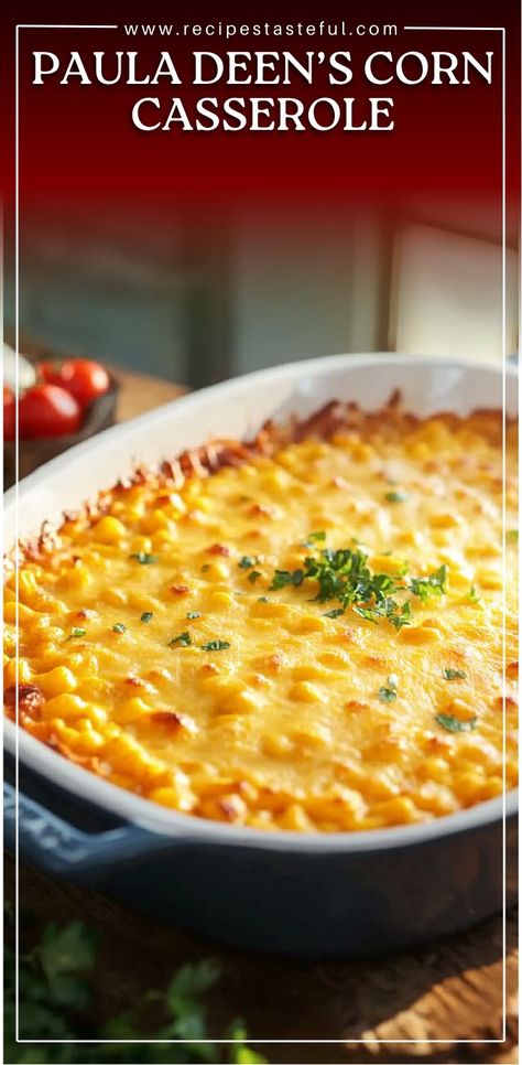 This easy and creamy corn casserole is a classic recipe by Paula Deen, perfect for holidays, potlucks, or a comforting weeknight dinner. With only a handful of ingredients, it's a foolproof side dish that’s always a crowd-pleaser! #CornCasserole #PaulaDeen #ComfortFood #ThanksgivingSideDish #HolidaySides #EasySideDish #CornRecipes #PotluckRecipes #SideDishIdeas Corn Casserole By Susan Drees, Corn Sour Cream Side Dishes, Paula Deen Broccoli Cheese Casserole, Spoon Cornbread Corn Casserole, Corn Au Gratin Casserole, Paula Deans Corn Casserole Recipe, Paula Seems Corn Casserole, Paul Dean Corn Casserole, Paula Deen’s Corn Casserole Recipe