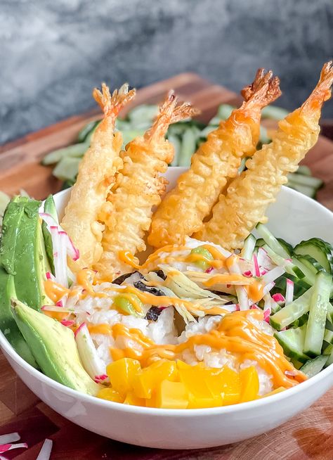 Tempura Shrimp Bowl, Dynamite Roll Sushi, Recipe Bowls, Shrimp Tempura Sushi, Chef Table, Tempura Sushi, Shrimp Tempura Roll, Tempura Prawns, Sushi Bowl Recipe